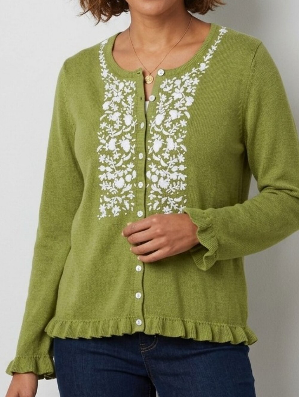 SUNDANCE Silk Cotton Cardigan Sweater L Ruffle Hems Green Embroidered Bohemian